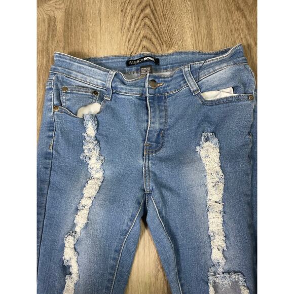 Fashion Nova Women's 7/8 Blue Distressed Ripped Skinny Jeans Mid Rise Stretch - Picture 5 of 8